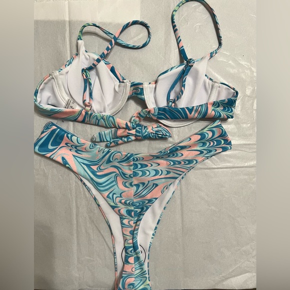Blue Swirl Underwire High Waisted Thong Bikini Set - Picture 6 of 10